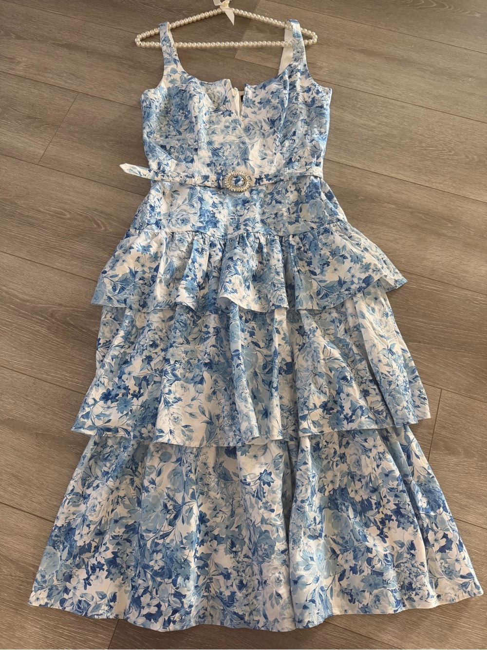 Generation Love Blue and White Floral Tiered Dress with Belt